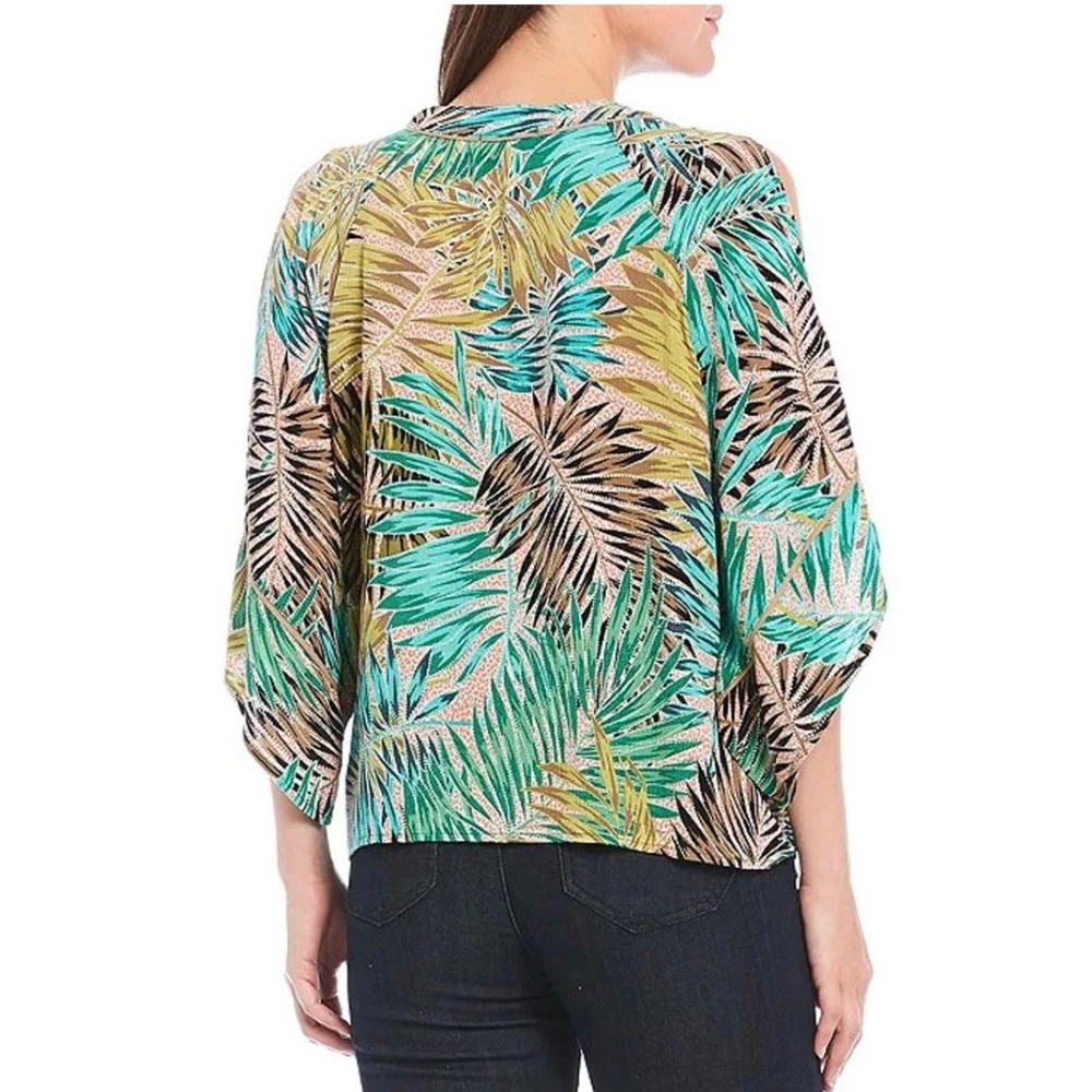Democracy Blouse Cold Shoulder Tie Front VNeck Tropical Print Women’s Size Small